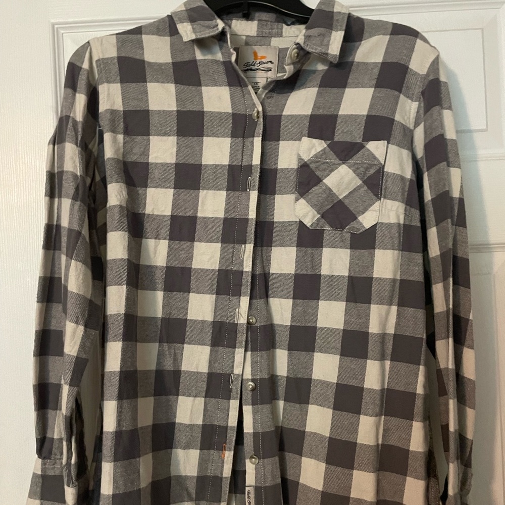 Grey Flannel, thick material, good for working outside.